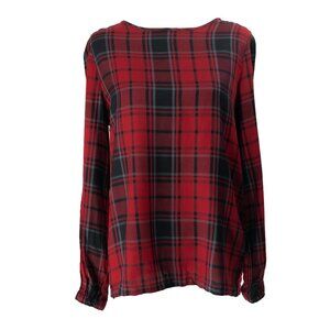Workshop Red Plaid Top Boat Neck Holiday Poet Sleeve Boxy Sheath Popover Shirt